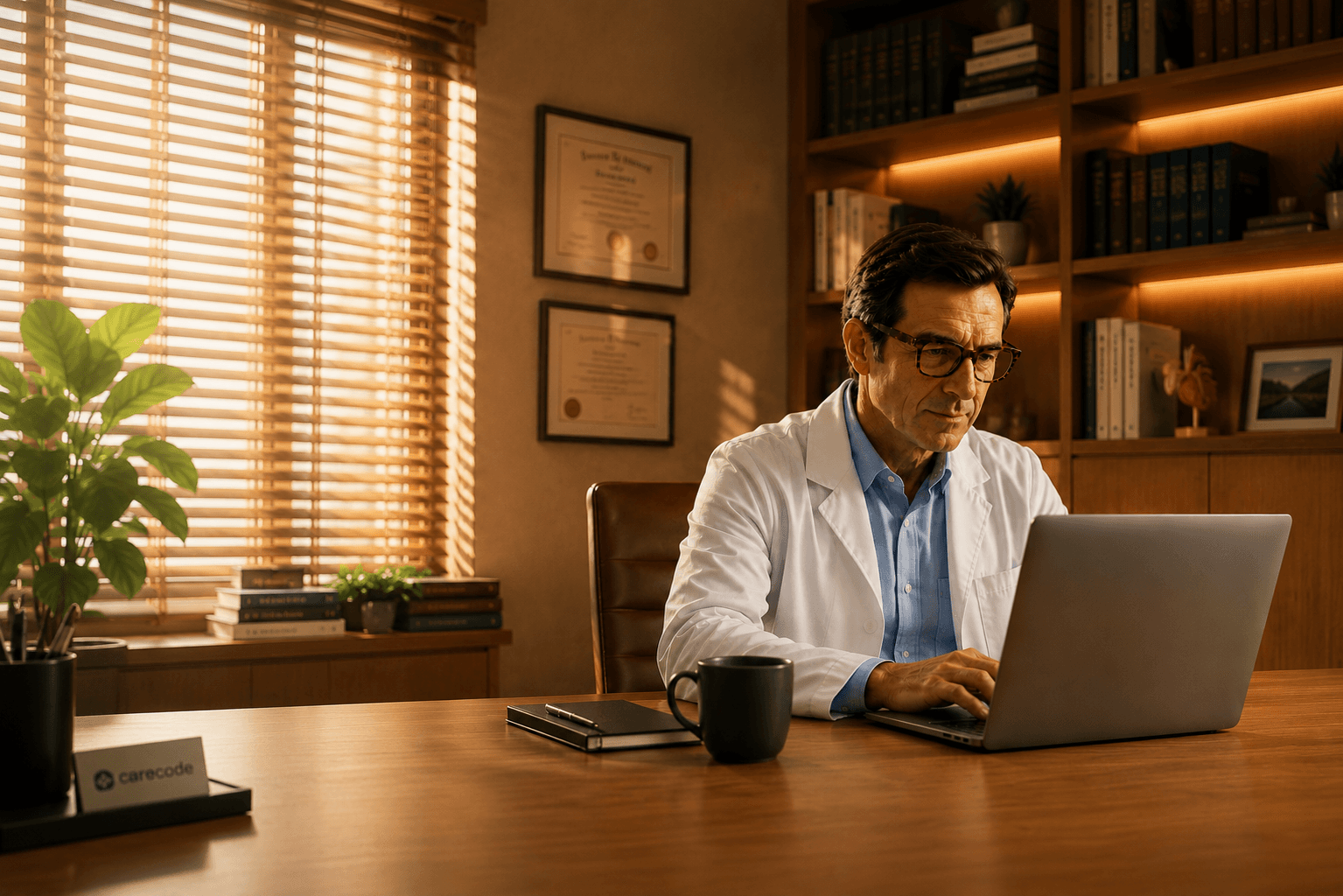 Médico no consultório, sentado à sua mesa com um laptop, com expressão tranquila e presente, ambiente iluminado pela luz quente do fim da tarde.