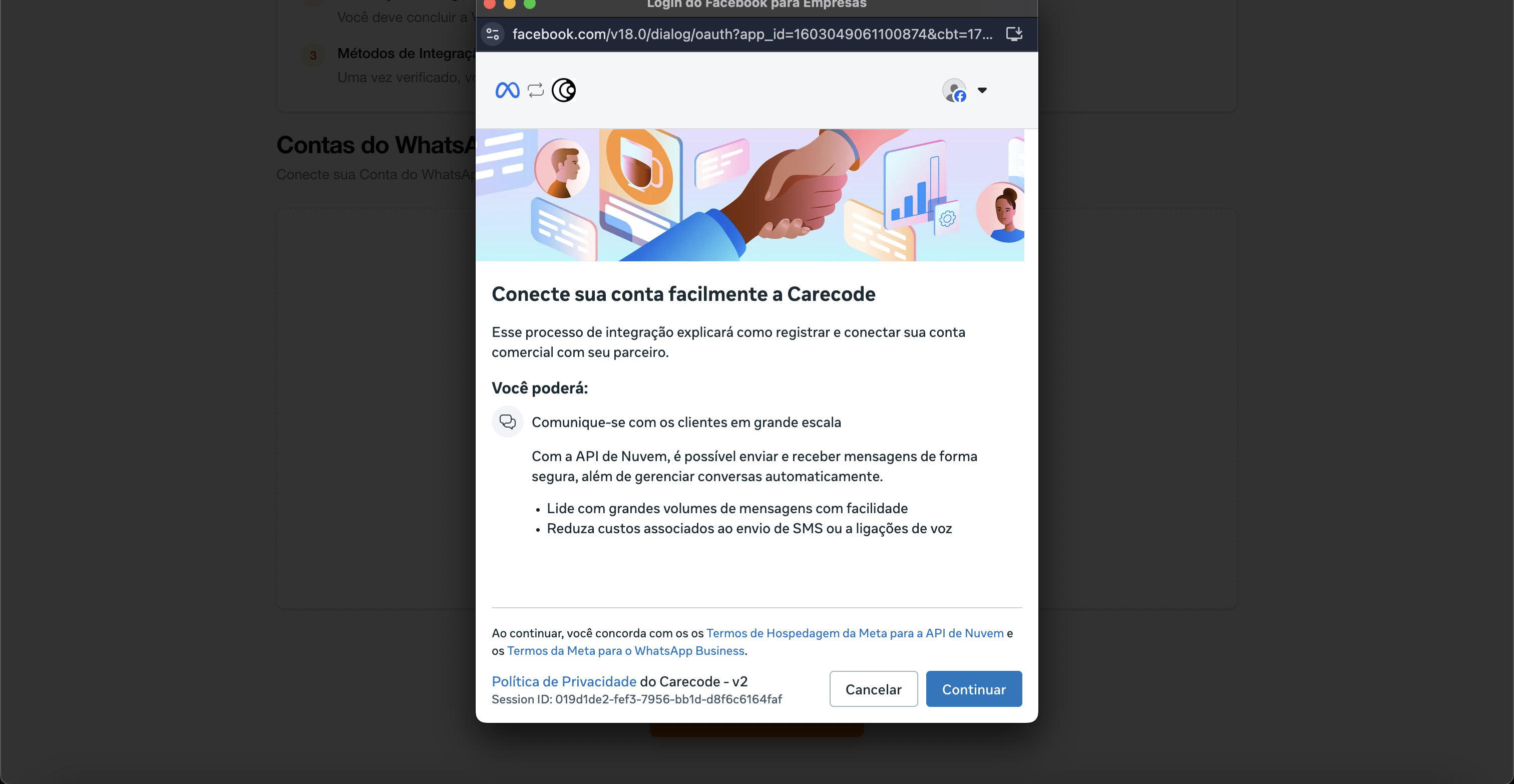 Aceitar permissões da Carecode e selecionar portfólio